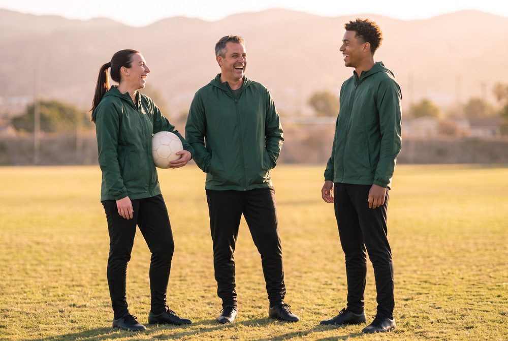 The three Linden coaches laughing together on the field