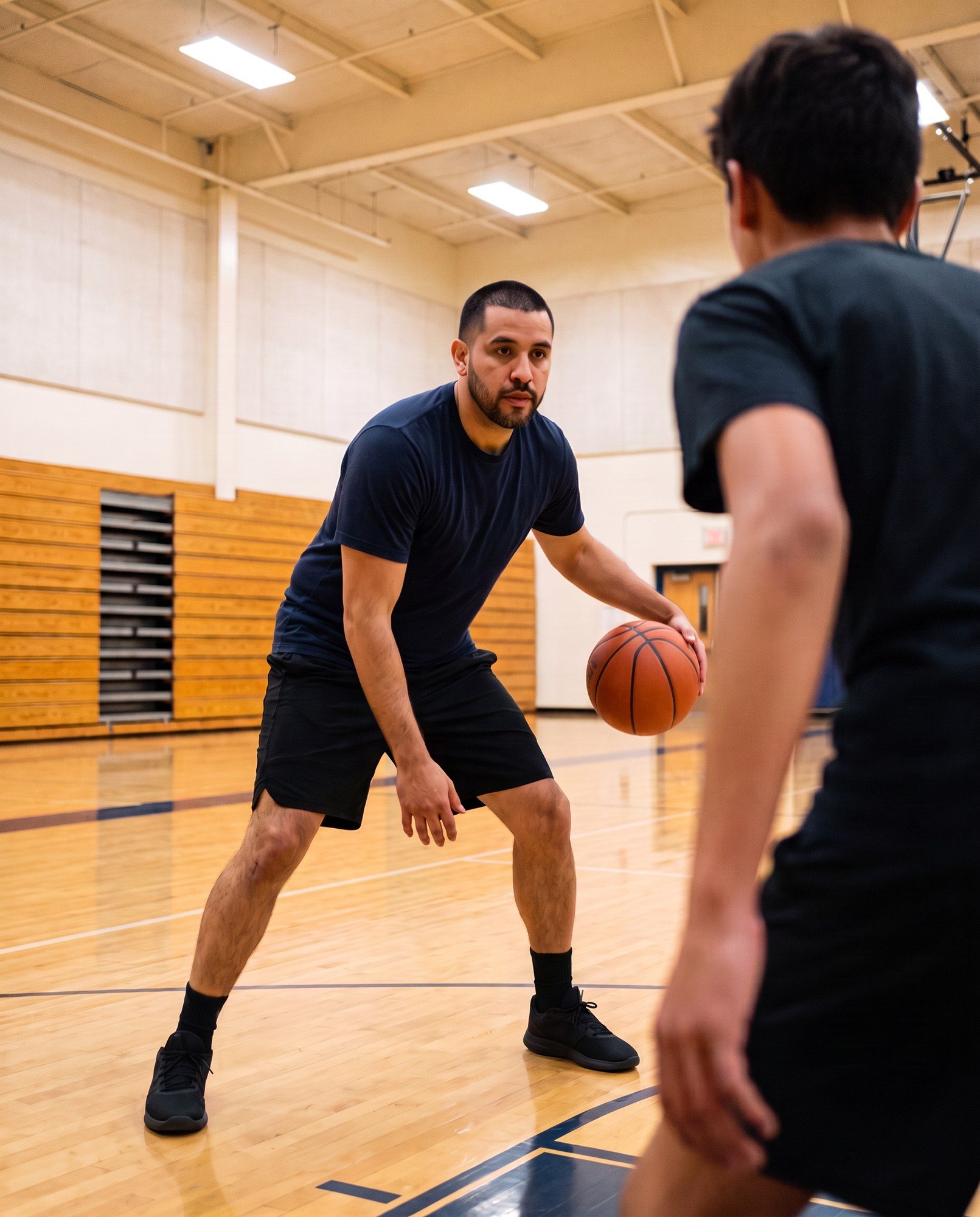 Coach Marcus Vega showing a dribbling move to a player in an indoor gym